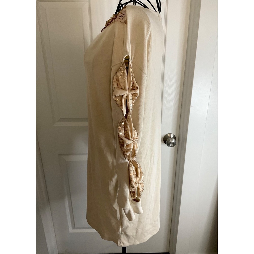 ChicMe Beige Long-sleeved Sequined Sweater Dress Sz S/M - Picture 4 of 11